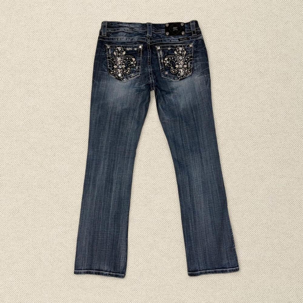 Y2K Vtg Miss Me Bootcut Faded Jeans Fleur de Lis Bedazzled 32"
